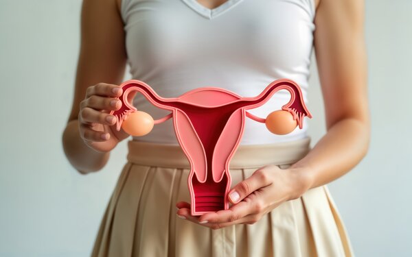 Eine Frau zeigt ein Modell des weiblichen Fortpflanzungsapparates. | © AdobeStock_1187551228