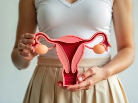Eine Frau zeigt ein Modell des weiblichen Fortpflanzungsapparates. | © AdobeStock_1187551228