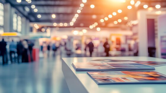 Ein Ausstellungsstand mit Broschüren bei einem Kongress. | © AdobeStock_1601802758